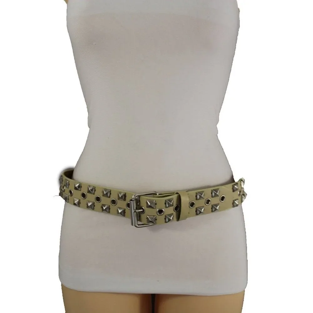 New Women Men Fashion Belt Beige Faux Leather Silver Metal Studs Size S M L XL - Picture 10 of 17